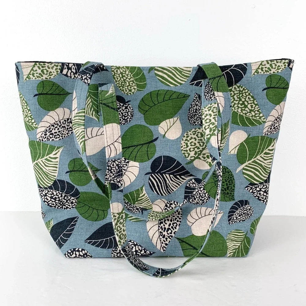 Canvas leaf tote bag large handmade tote blue with green, white & black leaves